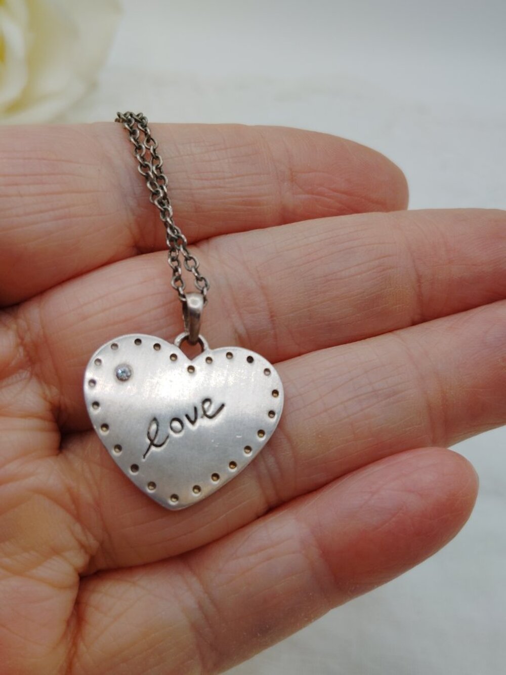 Sterling Silver “Love” Heart Pendant Necklace w/ Crystal Accent – 18" Chain, 925